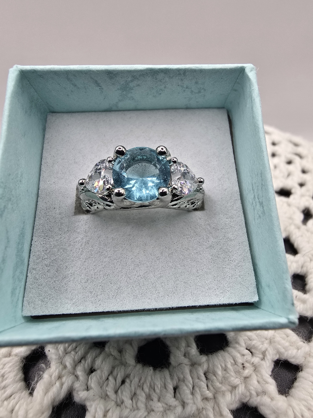 Blue Crystal Three-Stone Sterling Ring Never Worn